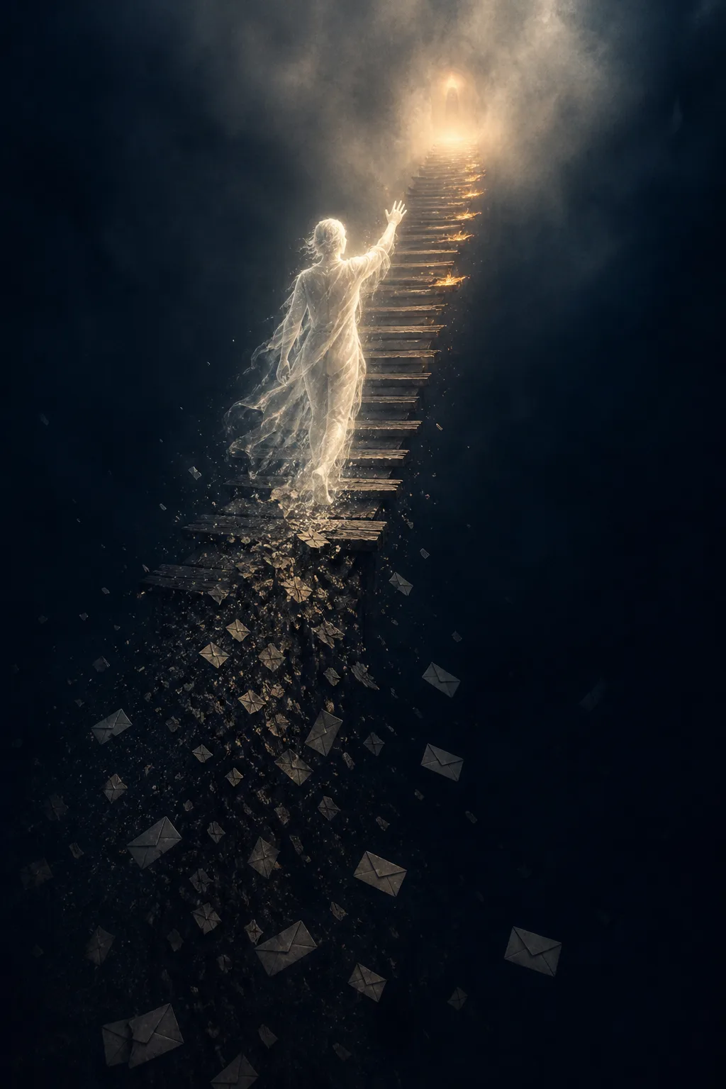 A lone figure made of pale translucent light walks up a narrow wooden bridge that climbs …