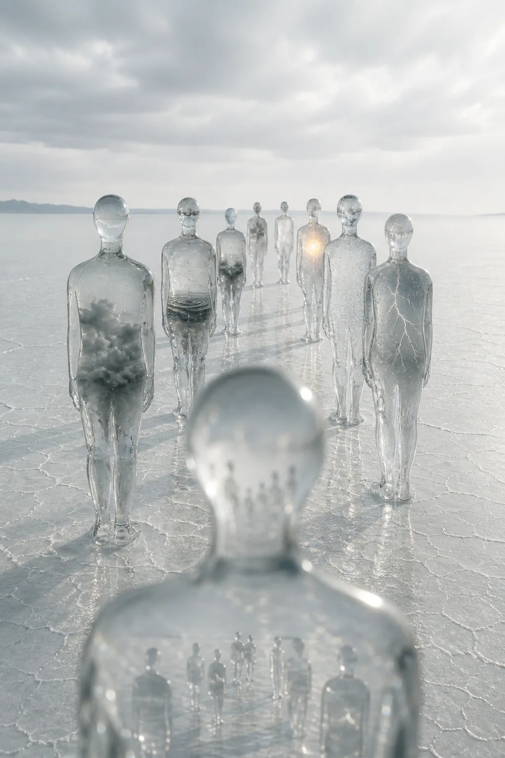 Vertical portrait composition, tall and narrow. A silent white salt flat under an overcast pearl sky, …