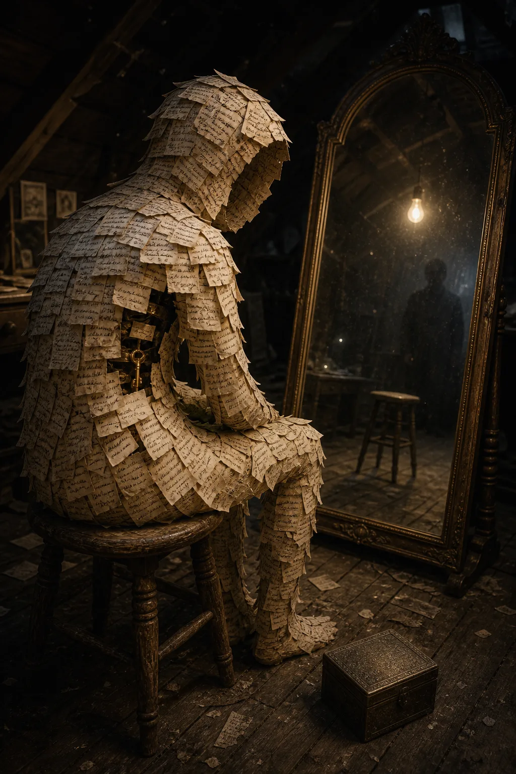 A tall, narrow attic room in dim amber light from a single bare bulb, portrait orientation, …
