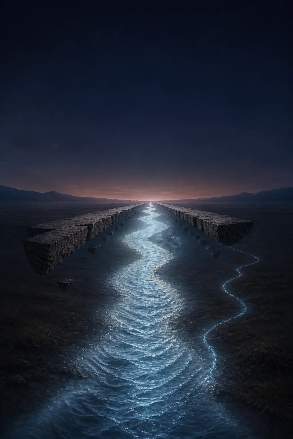 A tall vertical dreamlike landscape at dusk, rendered in painterly hyperreal detail. A luminous river of …