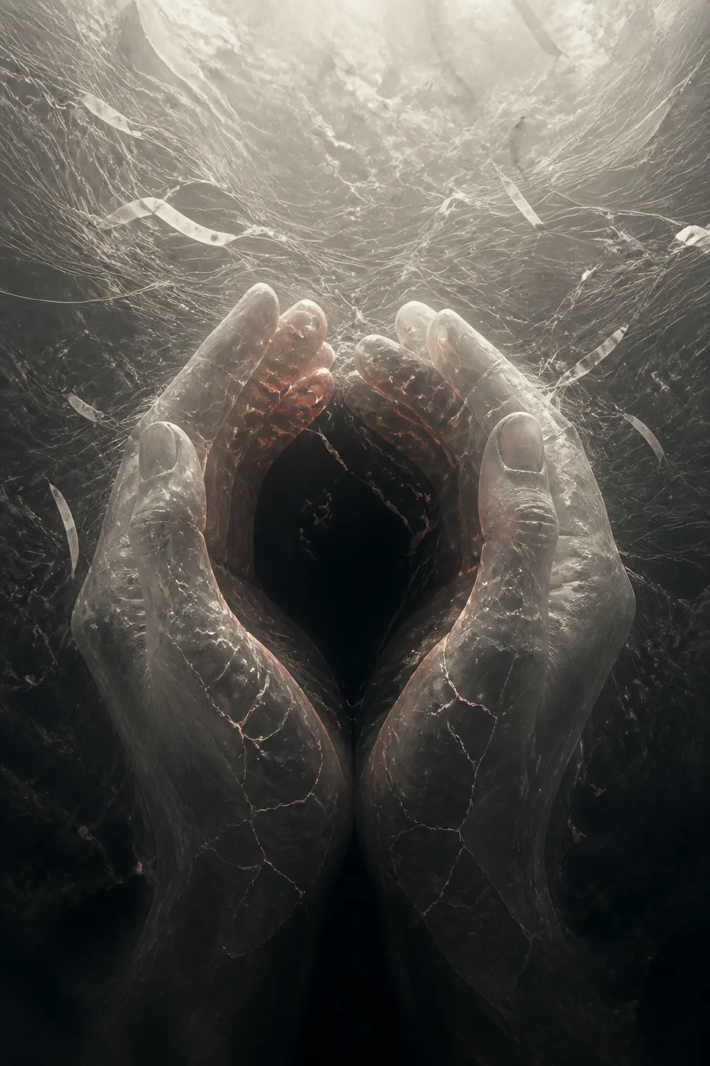 Vertical portrait composition, dark and quiet. Two enormous translucent hands made of frosted glass and soft …