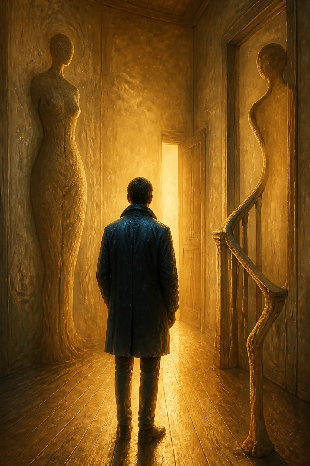 A tall, narrow interior room rendered as a dreamlike oil painting with soft photographic realism, portrait …