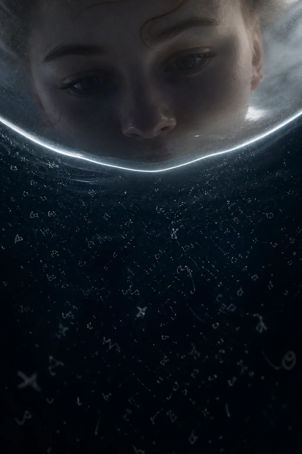 Portrait orientation, viewed from beneath the surface of dark still water looking upward. A human face—a …