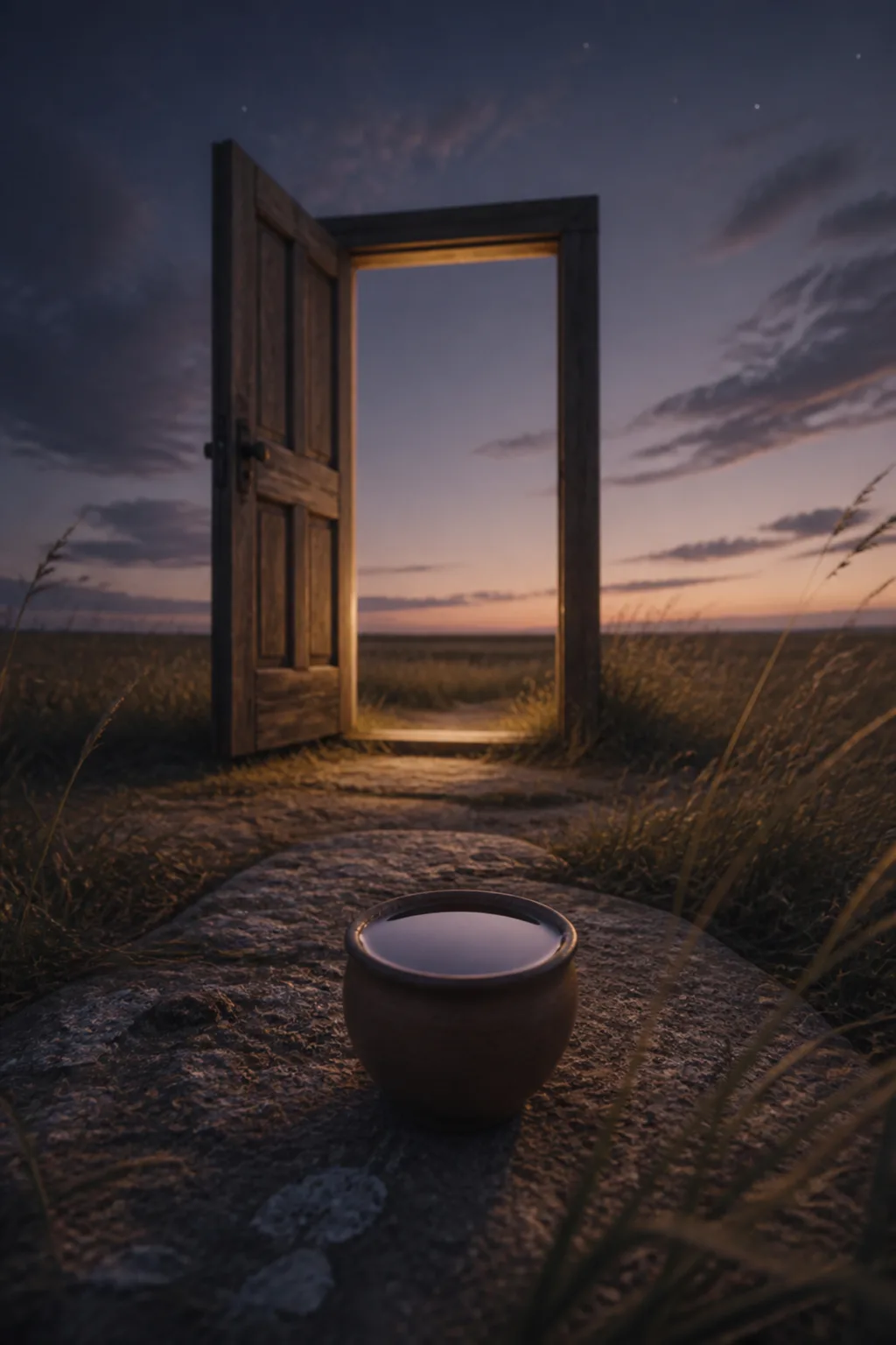 A single weathered wooden door standing open in the middle of a wide empty field at …