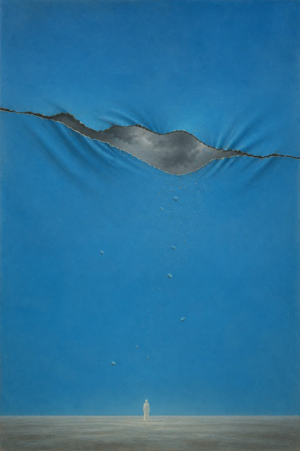 Portrait-format fine art painting, surreal and meditative. A vast, perfectly still, cloudless sky of luminous cerulean …