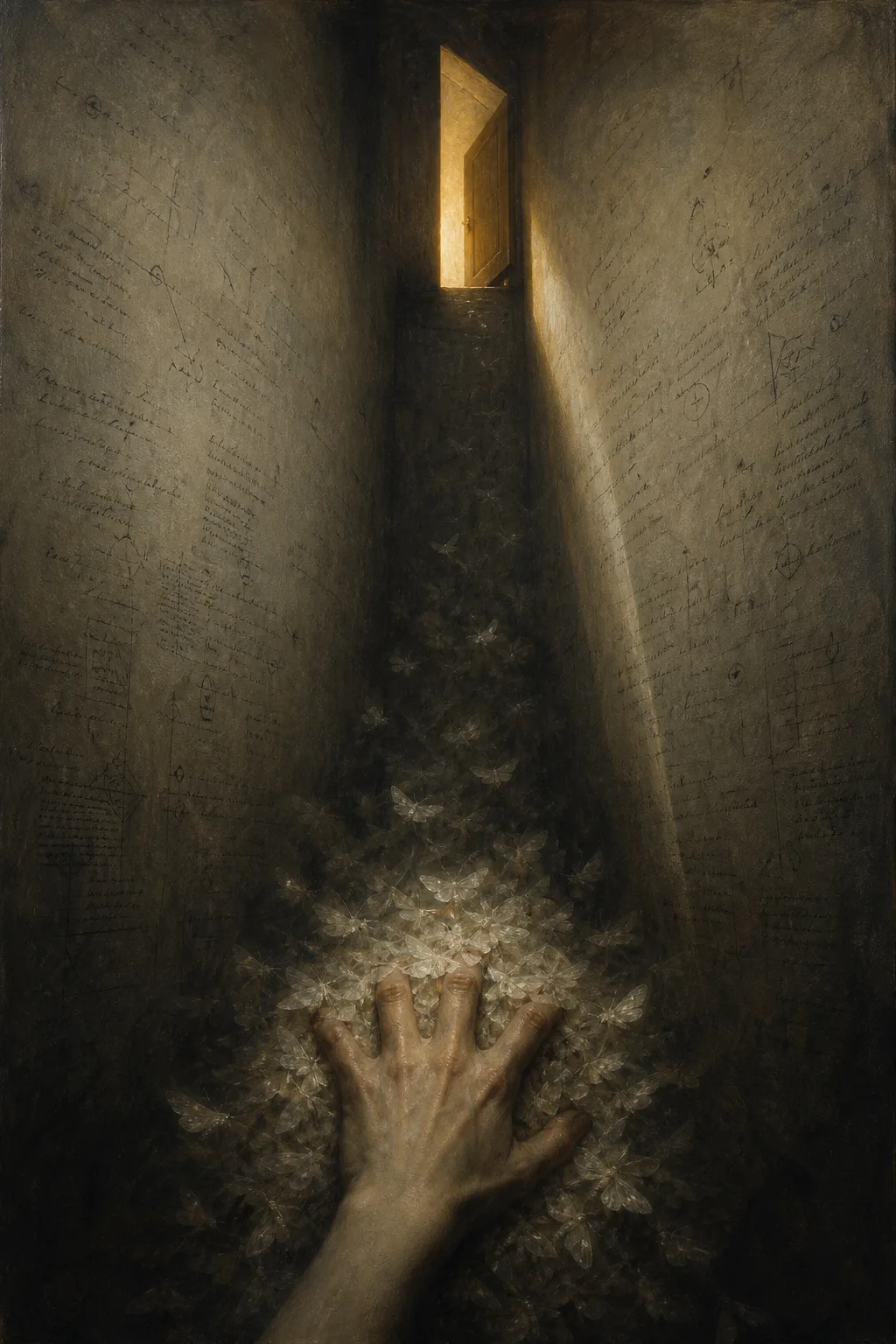 Portrait-oriented surreal painting. A tall, narrow interior corridor, deep in shadow, receding upward. At the bottom …