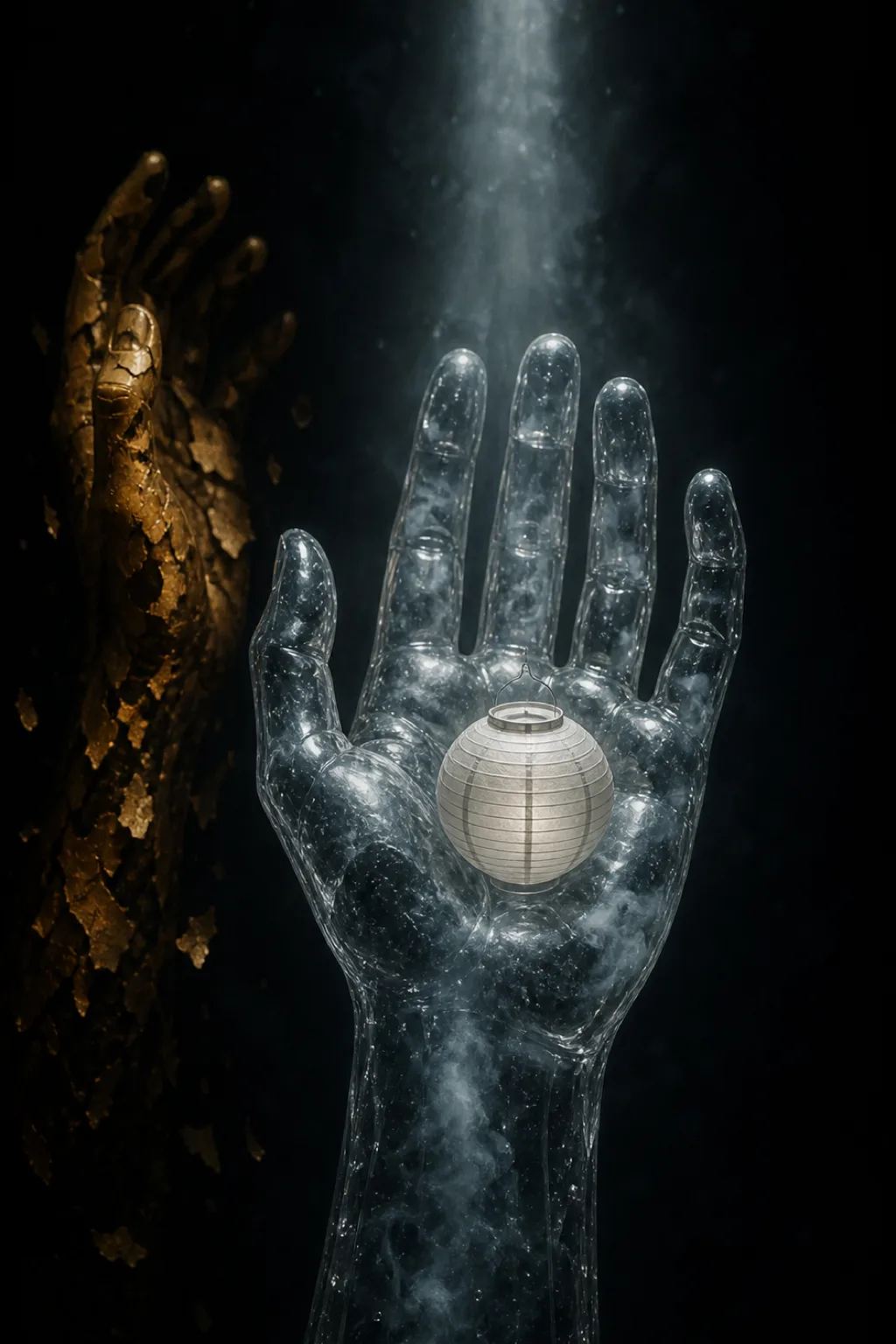 A single translucent glass hand, palm open and lifted upward toward the viewer, rising from the …