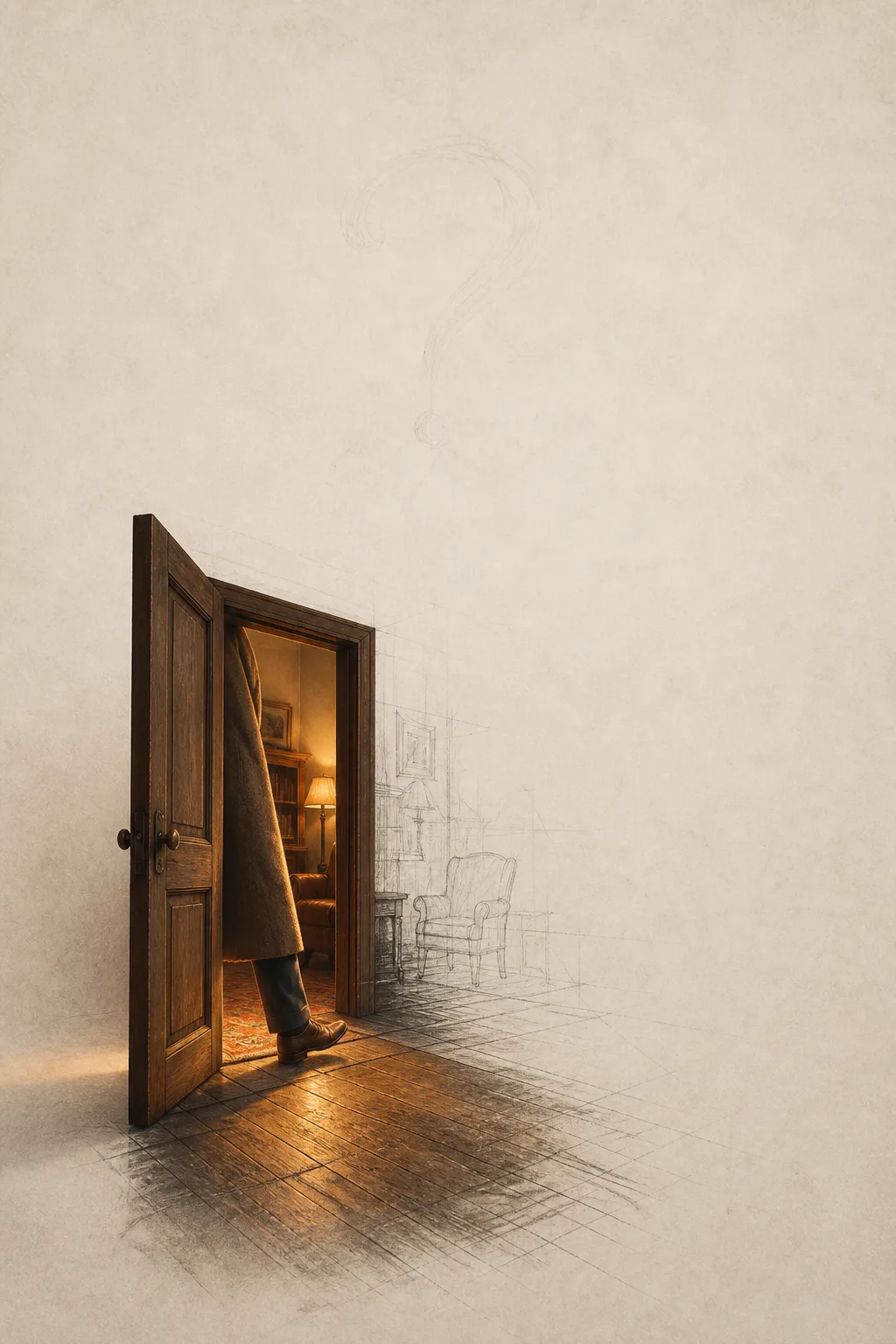 Portrait orientation, cinematic and quiet. A single freestanding wooden door stands open in a vast field …