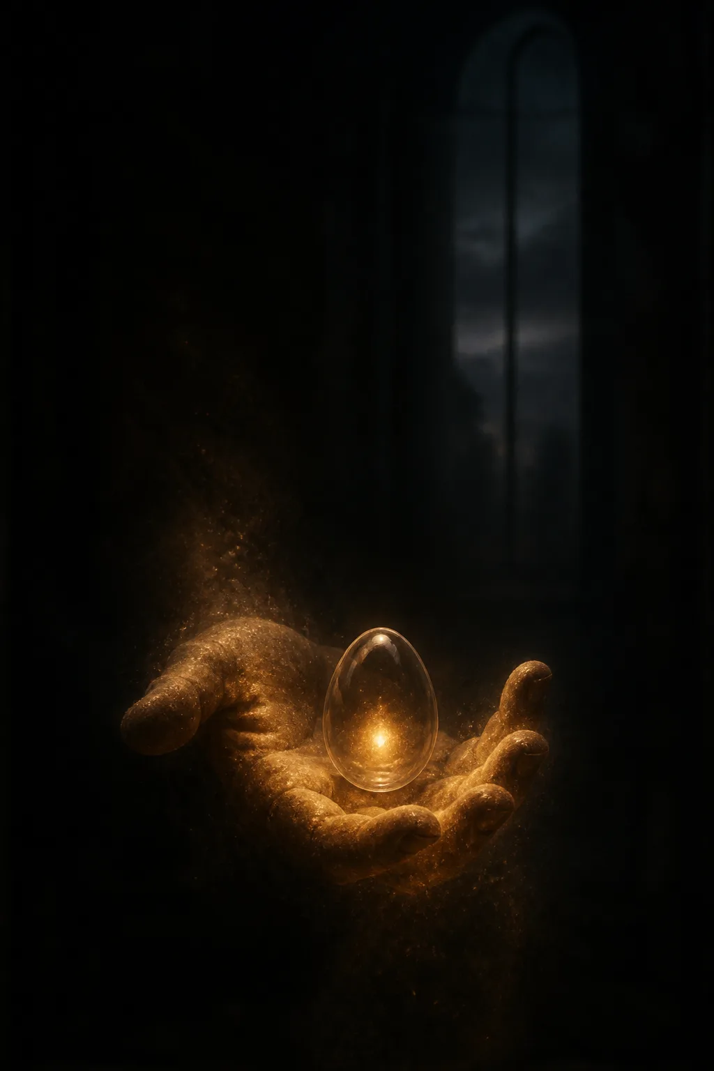 A single open hand emerging from deep shadow, palm up, extended toward the viewer, the hand …