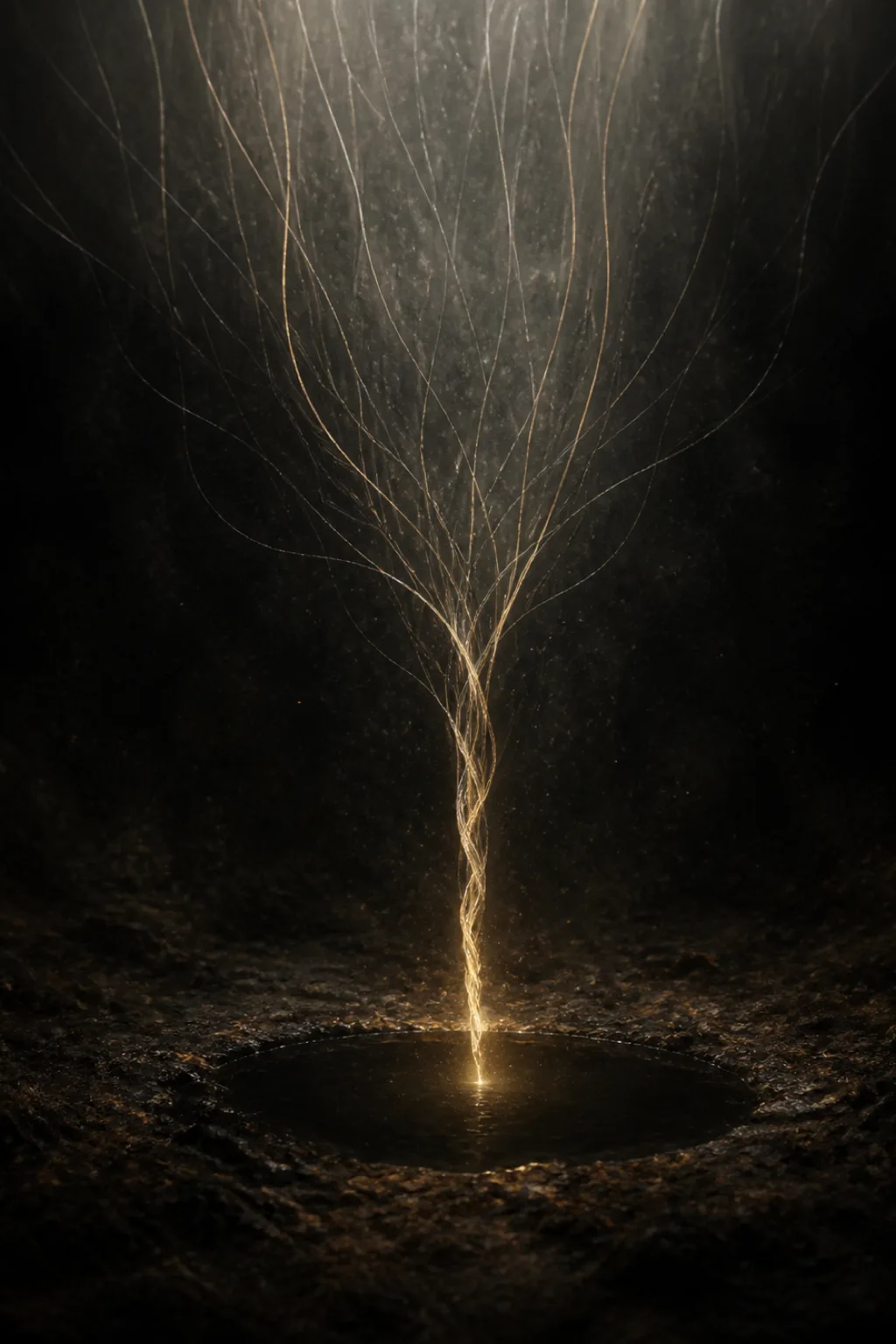 Vertical composition, tall and narrow. Dozens of thin threads of pale light descend from a dark, …