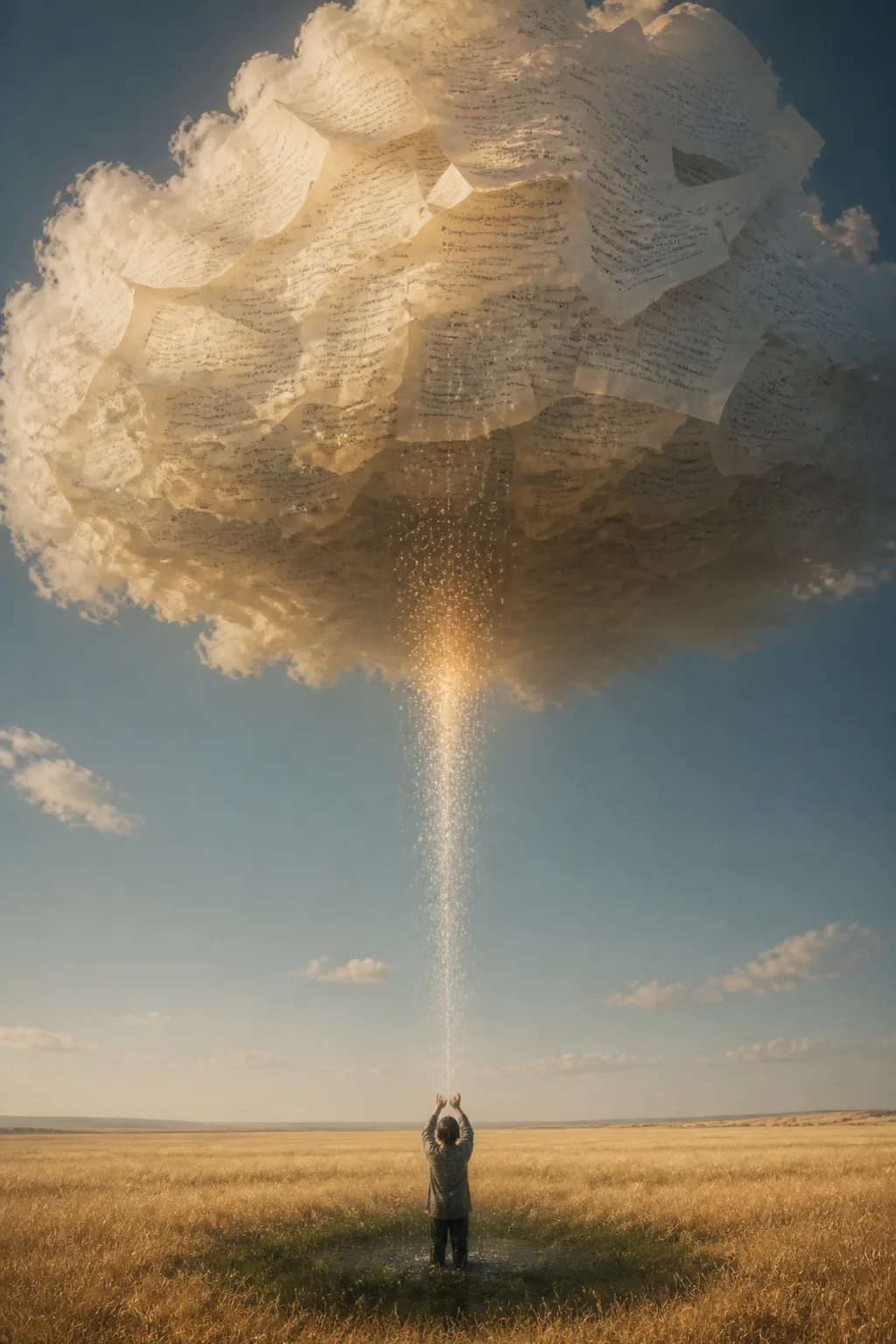 Portrait orientation, cinematic vertical composition. A single towering cumulus cloud fills the upper two-thirds of the …