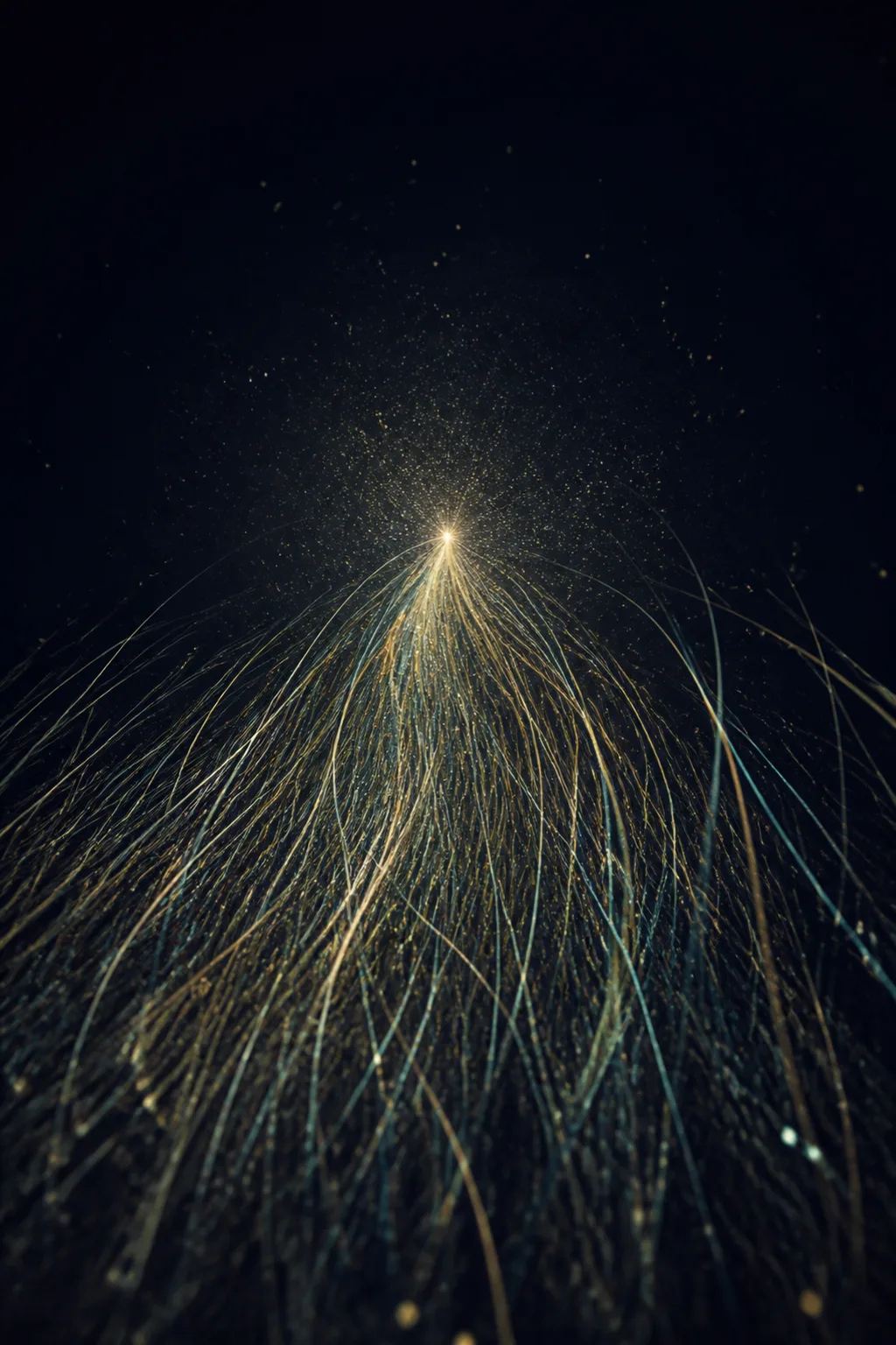 A tall, dark portrait-format frame filled with near-black indigo space. From the bottom edge, thousands of …