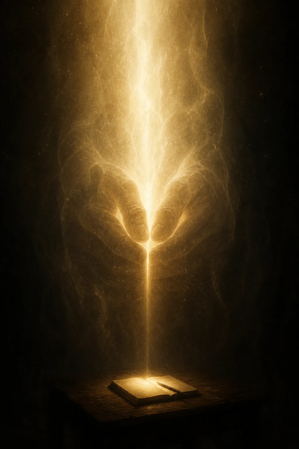 A tall vertical composition in near-darkness. At the center, an immense, softly roaring column of pale …