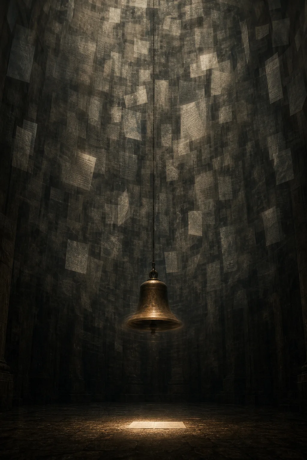A tall, dark, quiet interior space seen straight on, portrait orientation, cathedral-like but not religious — …
