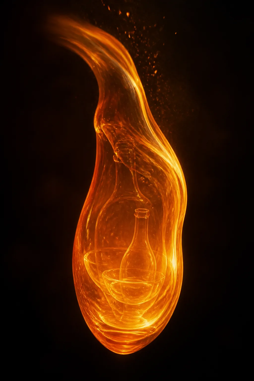Portrait orientation, tall vertical composition. A single elongated vessel of molten glass suspended in the center …