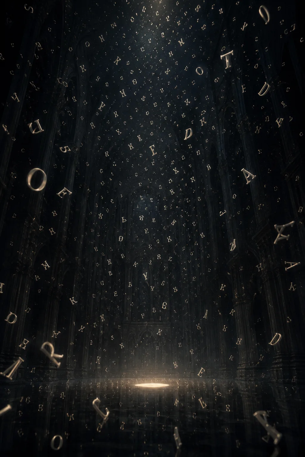 A vast, dim interior space seen from below, cathedral-tall and empty, rendered in deep charcoal blues …