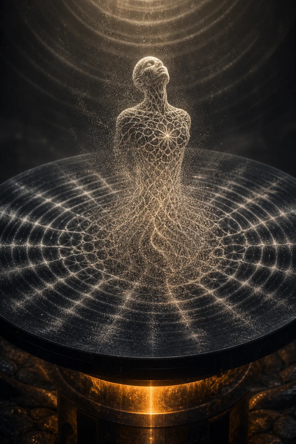 Portrait composition, vertical frame. A vast circular Chladni plate of dark obsidian viewed slightly from above, …