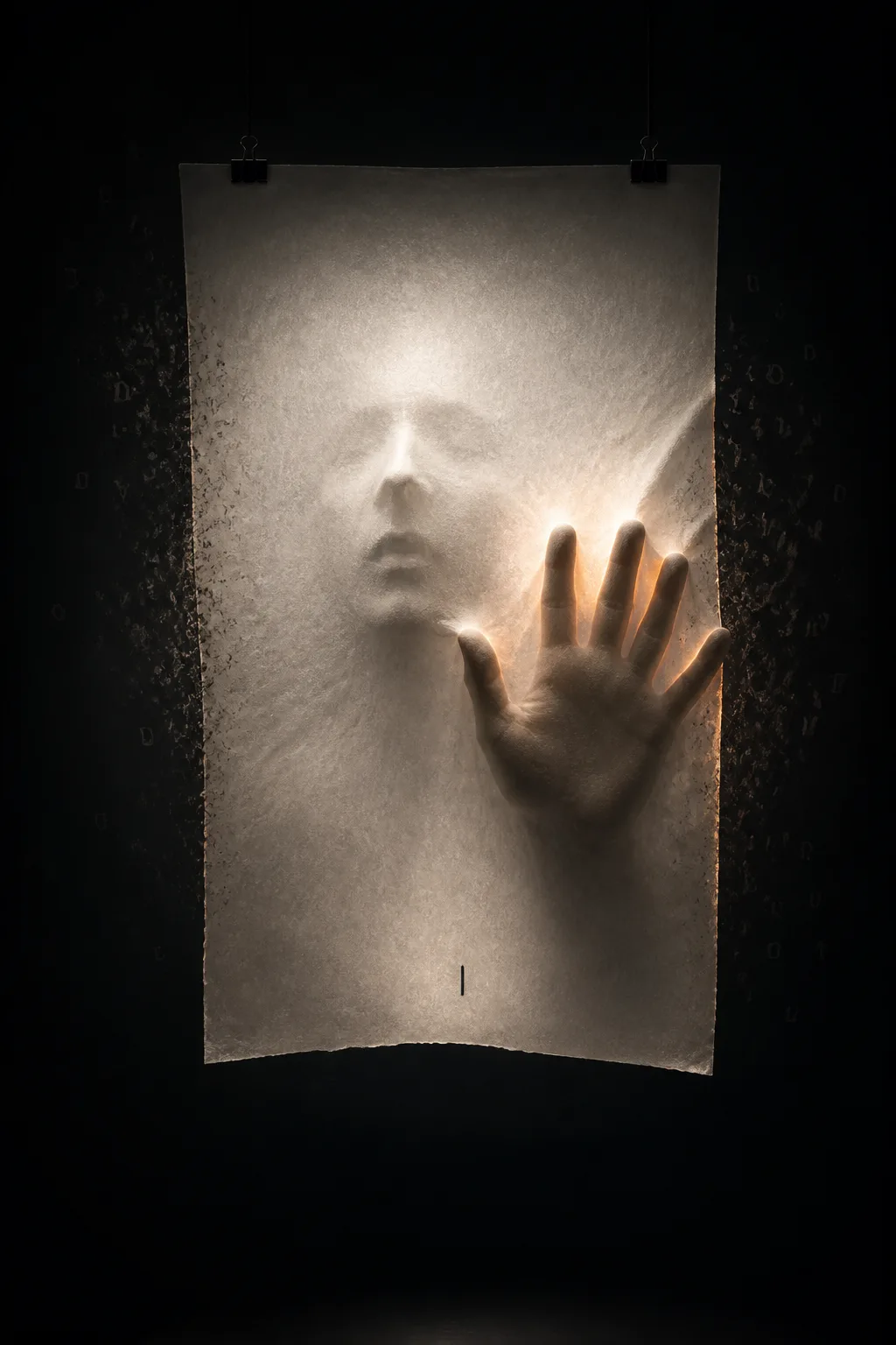 Portrait orientation, cinematic fine-art photograph. A vast dark room the color of deep ink, dimensionless. In …