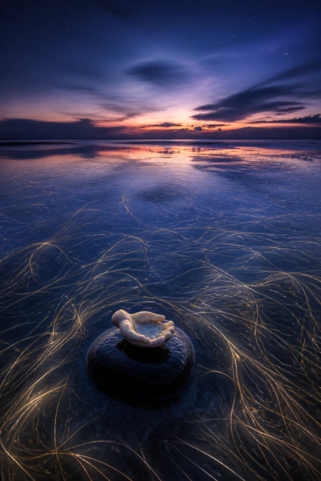 A vast shallow tide pool at dusk stretching toward the horizon, water utterly still and mirror-flat, …