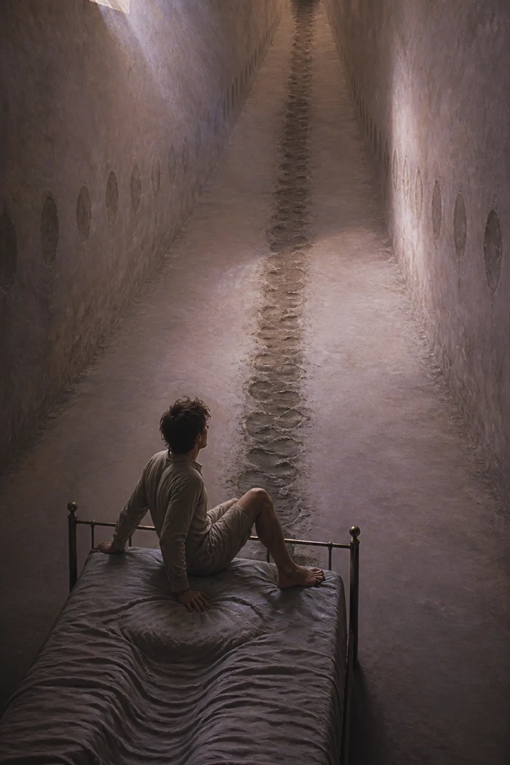 Tall vertical composition, cinematic and quiet. A single figure has just sat up in a narrow …