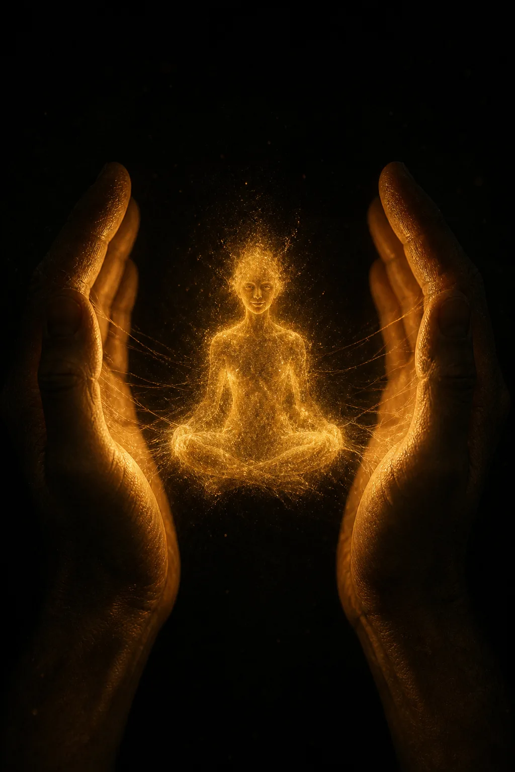 Portrait orientation, cinematic fine-art photograph. Deep near-black background. Two large human hands enter from the left …