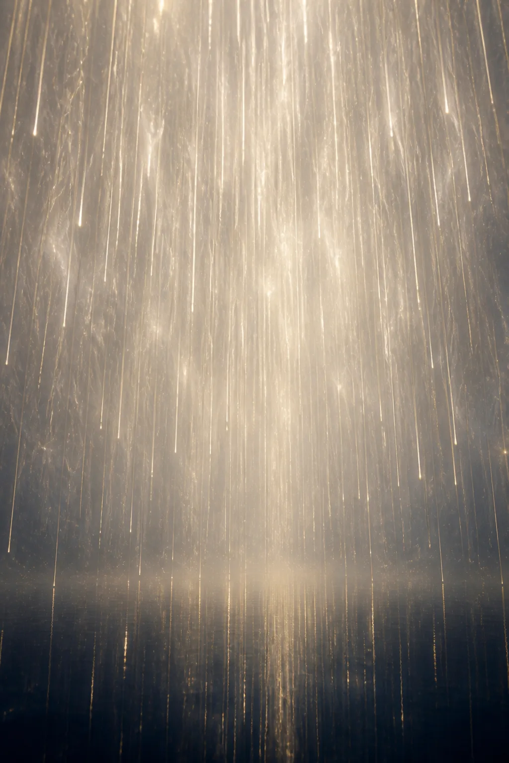First-person view from inside a vast, softly glowing chamber with no visible walls or source of …