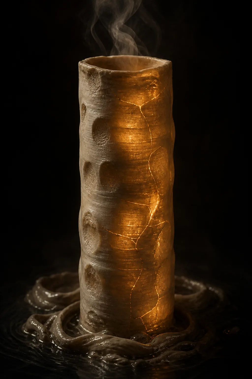 A tall, hollow vessel of pale wet clay, still spinning slowly on an unseen wheel, rising …