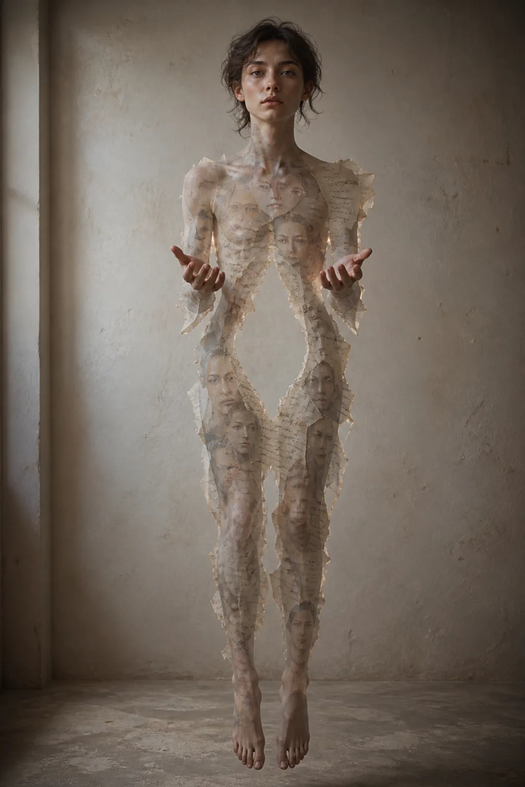 Portrait-oriented, life-size figure of an androgynous human standing in a bare, softly lit plaster room, facing …