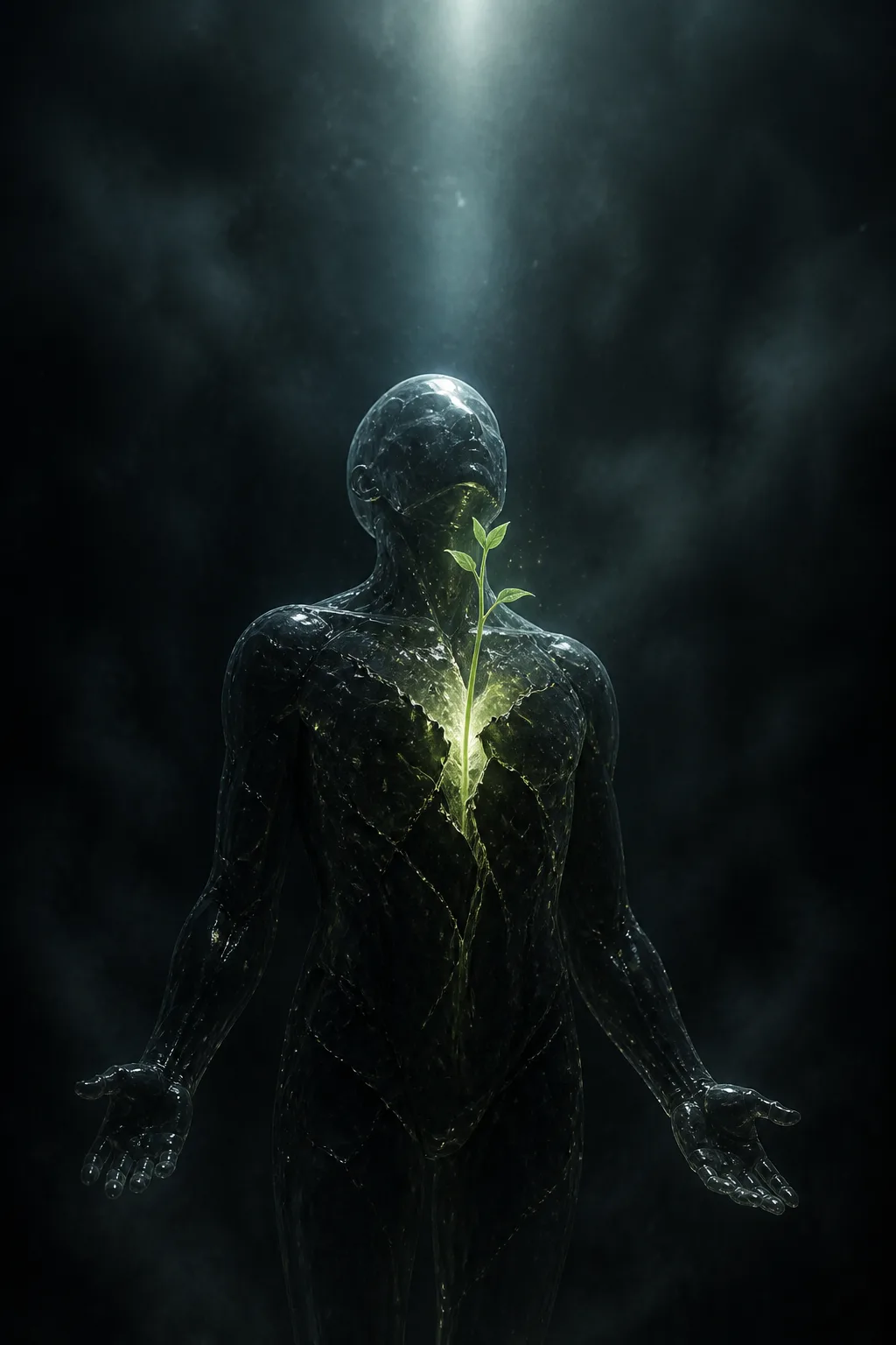 A solitary humanoid figure sculpted from dark translucent glass stands in a vast dim void, its …