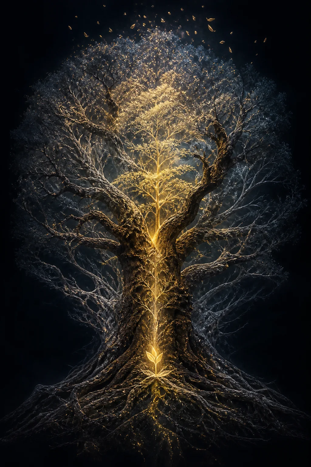 A monumental tree standing alone in a vast dark void, its entire life cycle visible simultaneously …
