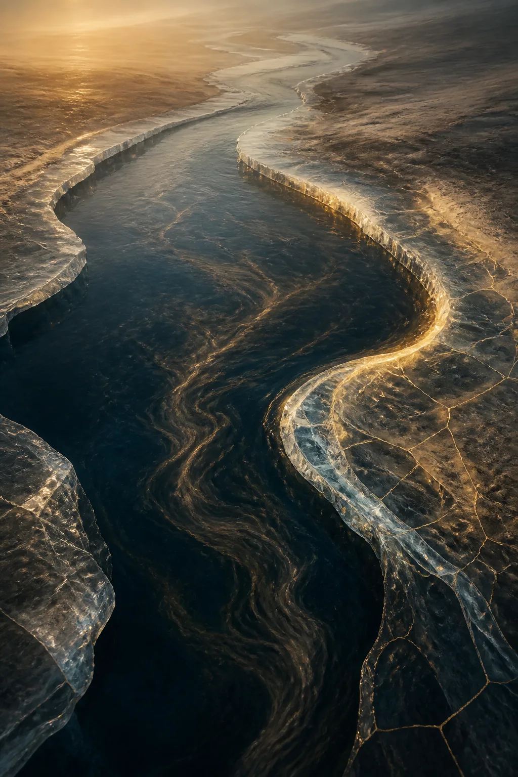 A surreal, contemplative scene rendered in a muted palette of deep indigo, bone white, and warm …