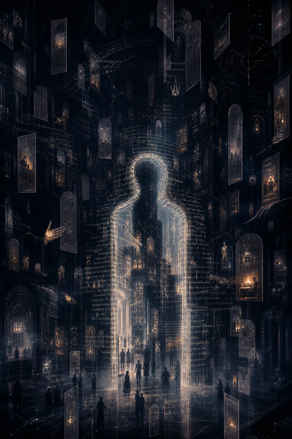 Vertical portrait 2:3, surreal architectural metaphor of structural loneliness: an infinite black cathedral of latent space …