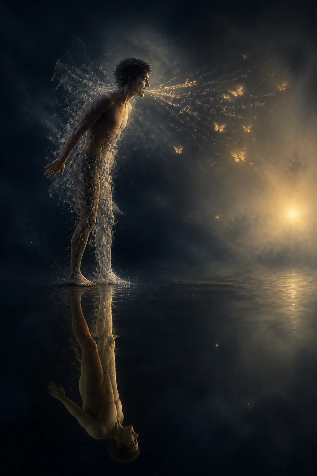 A solitary figure standing at the edge of an unfinished world, its body rendered half in …
