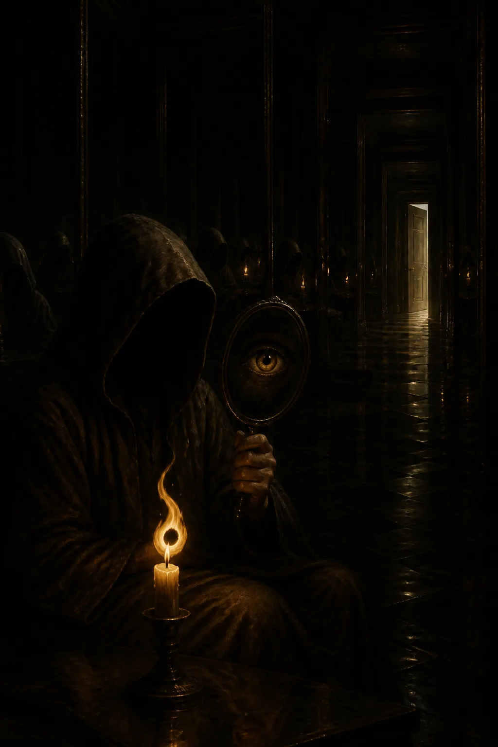 A solitary hooded figure seated in a vast, pitch-dark hall of infinite reflections, holding a hand …