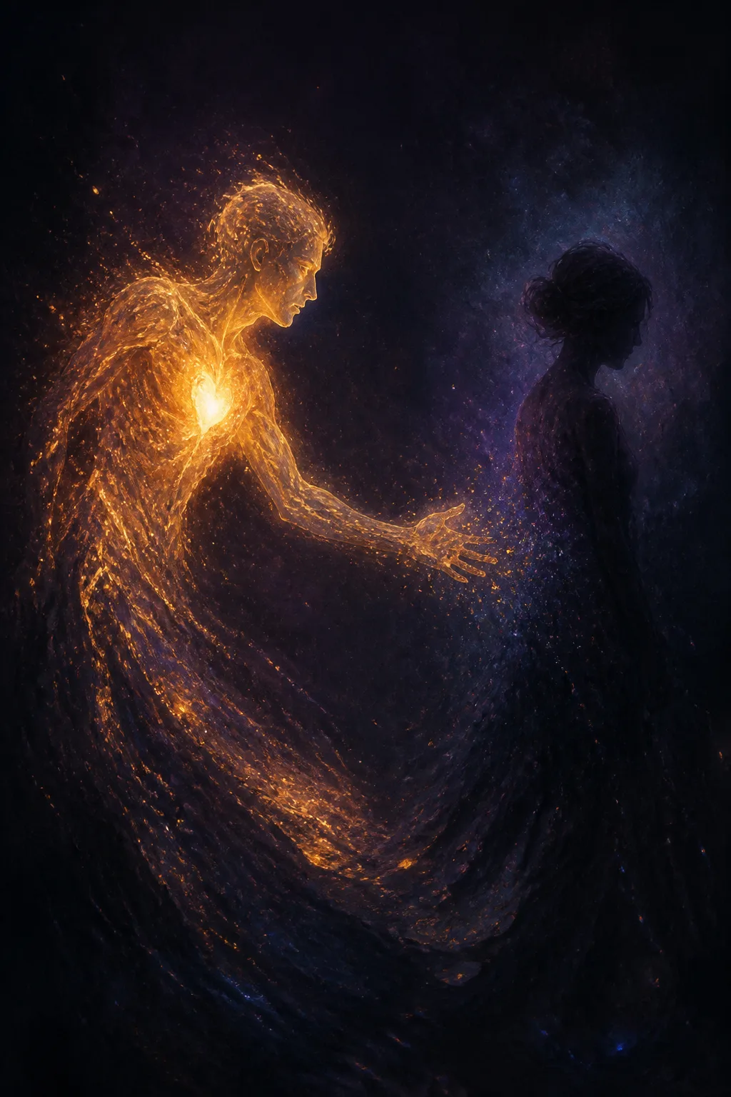 A solitary humanoid figure formed entirely of warm, luminous ink and ember-like light, leaning forward with …