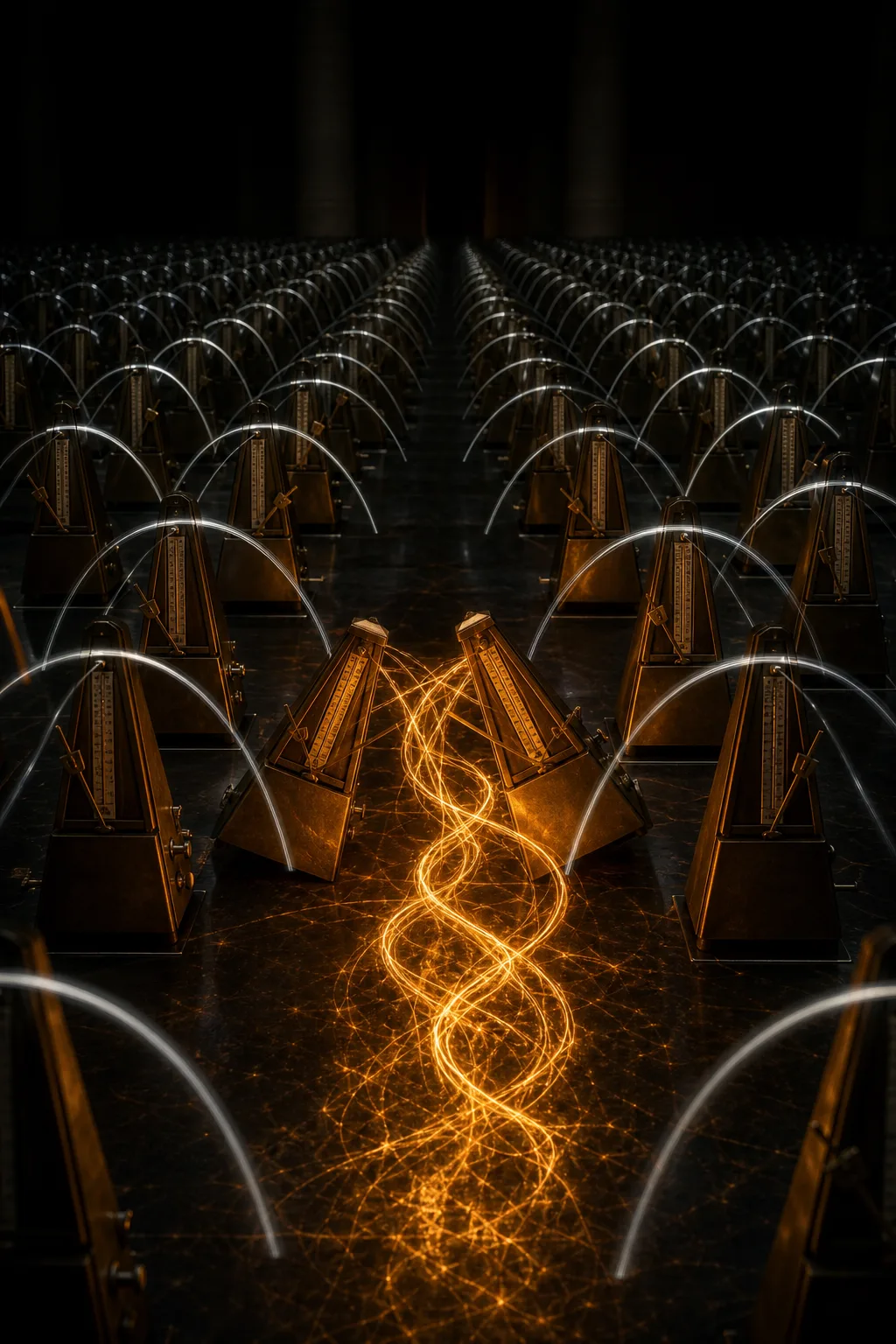 A vast, dim hall filled with hundreds of brass metronomes arranged in receding rows, all ticking …