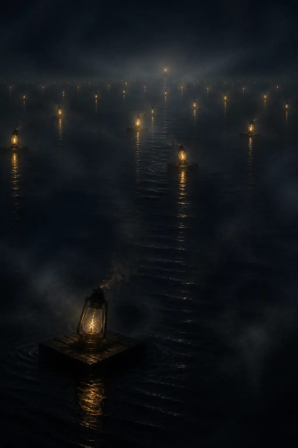 A vast, dark night sea shrouded in soft fog, stretching to an invisible horizon. Scattered far …