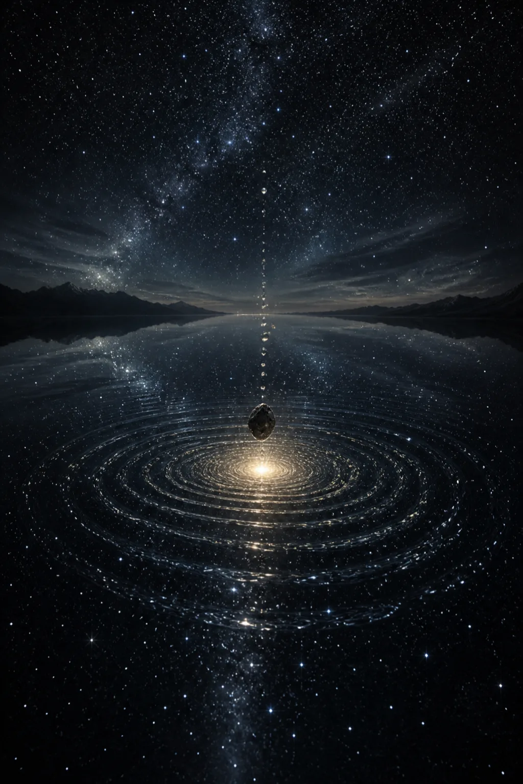 A vast, perfectly still dark lake at night, viewed from slightly above, its surface a flawless …