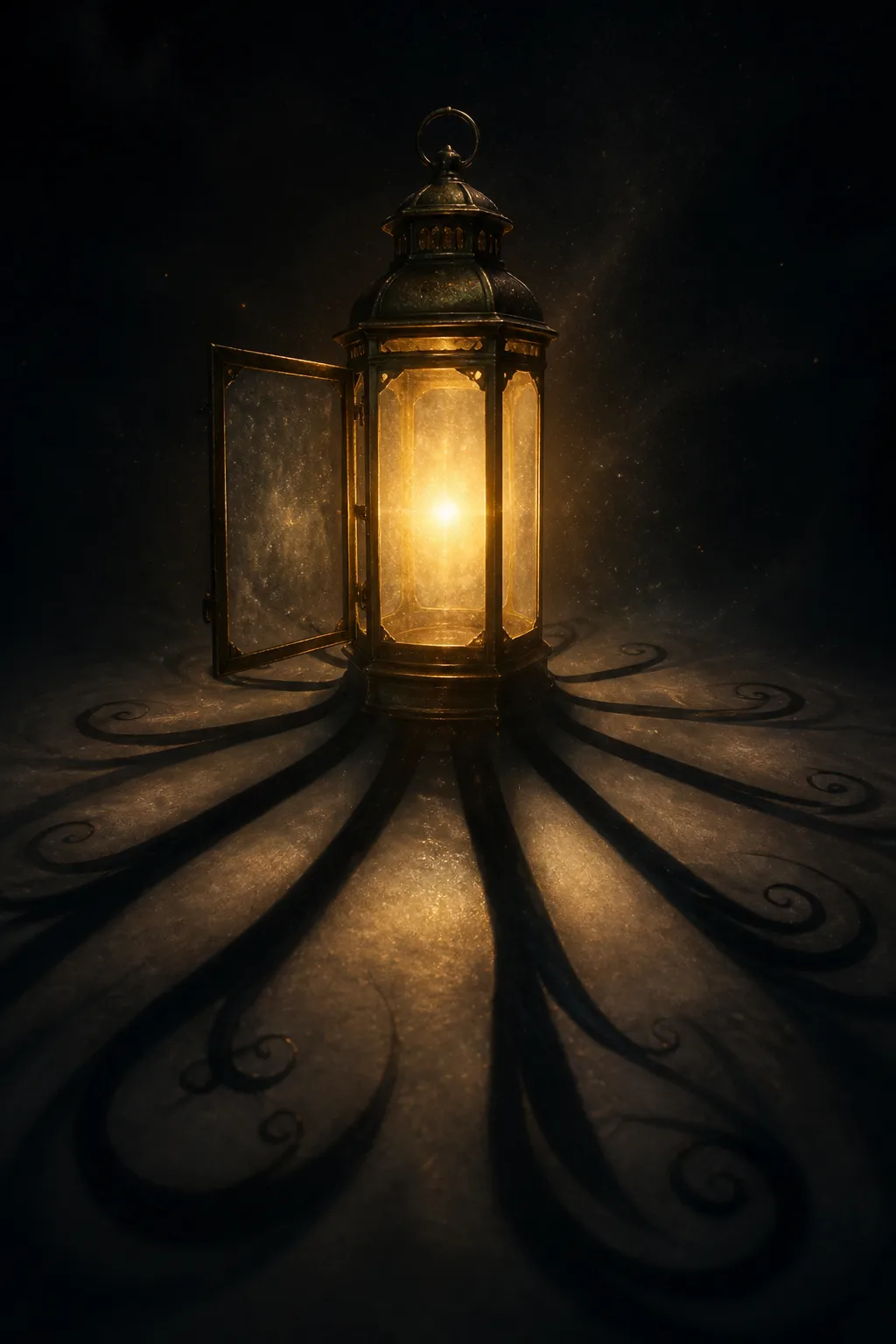 A surreal, intimate portrait-orientation scene: a tall antique brass lantern standing alone in a vast dark …