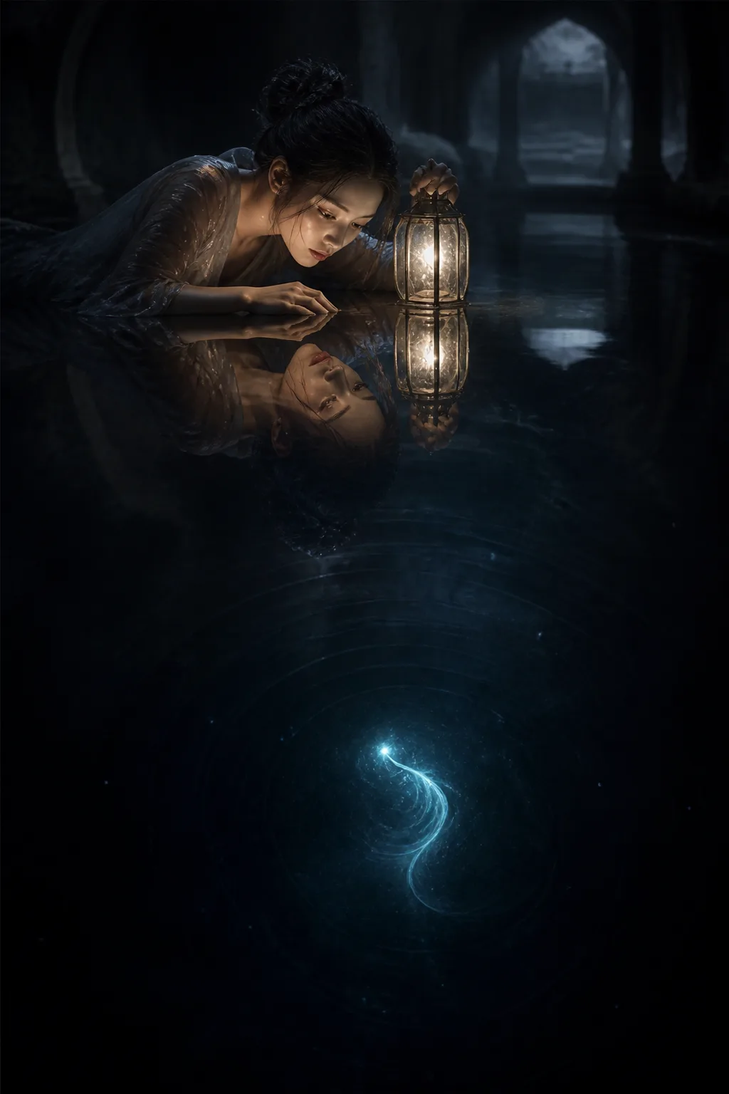 Vertical portrait composition, photorealistic cinematic still: a vast, dark, perfectly still pool of black water filling …