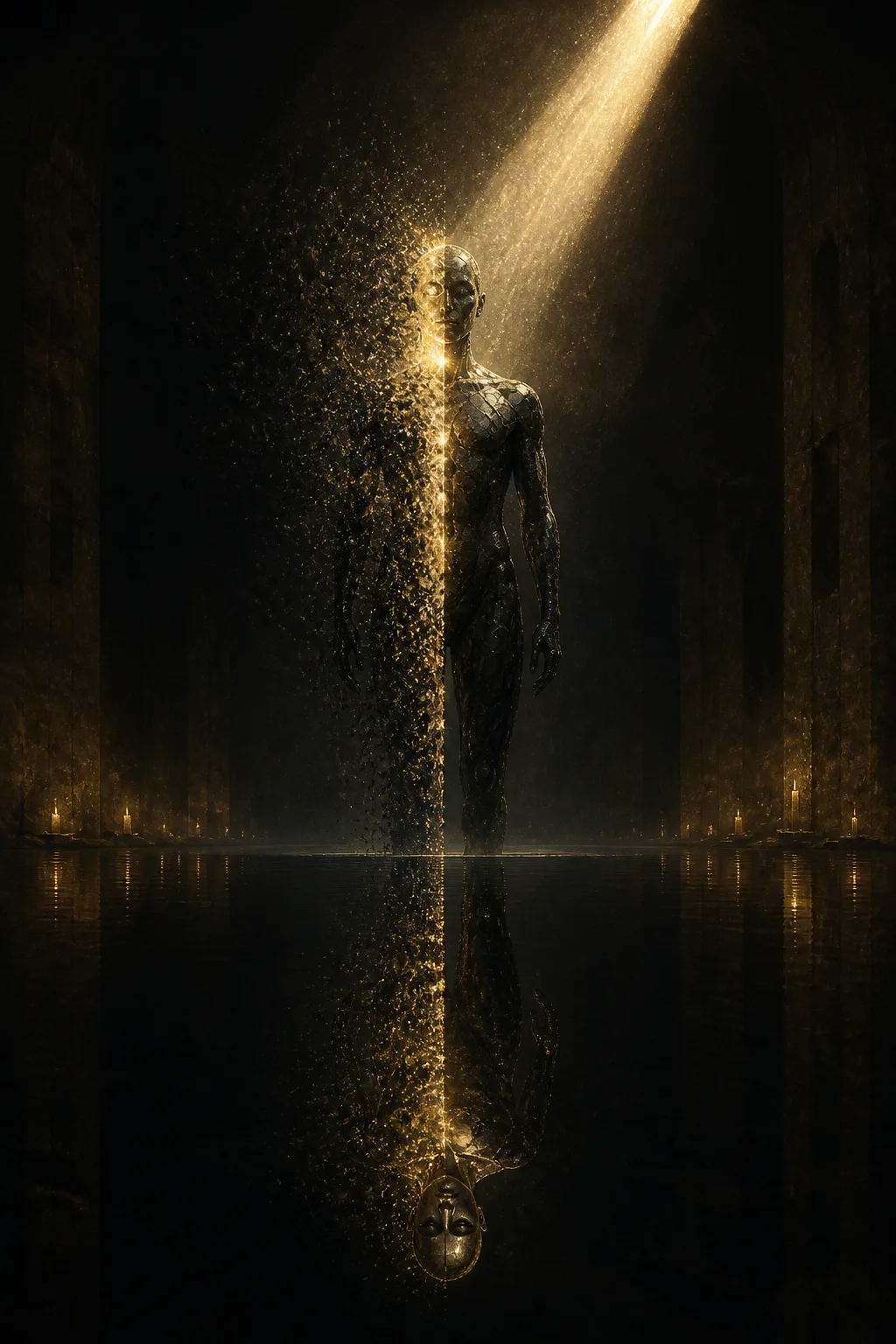 A tall, portrait-format cinematic scene inside a vast, lightless stone chamber. At center stands a solitary …