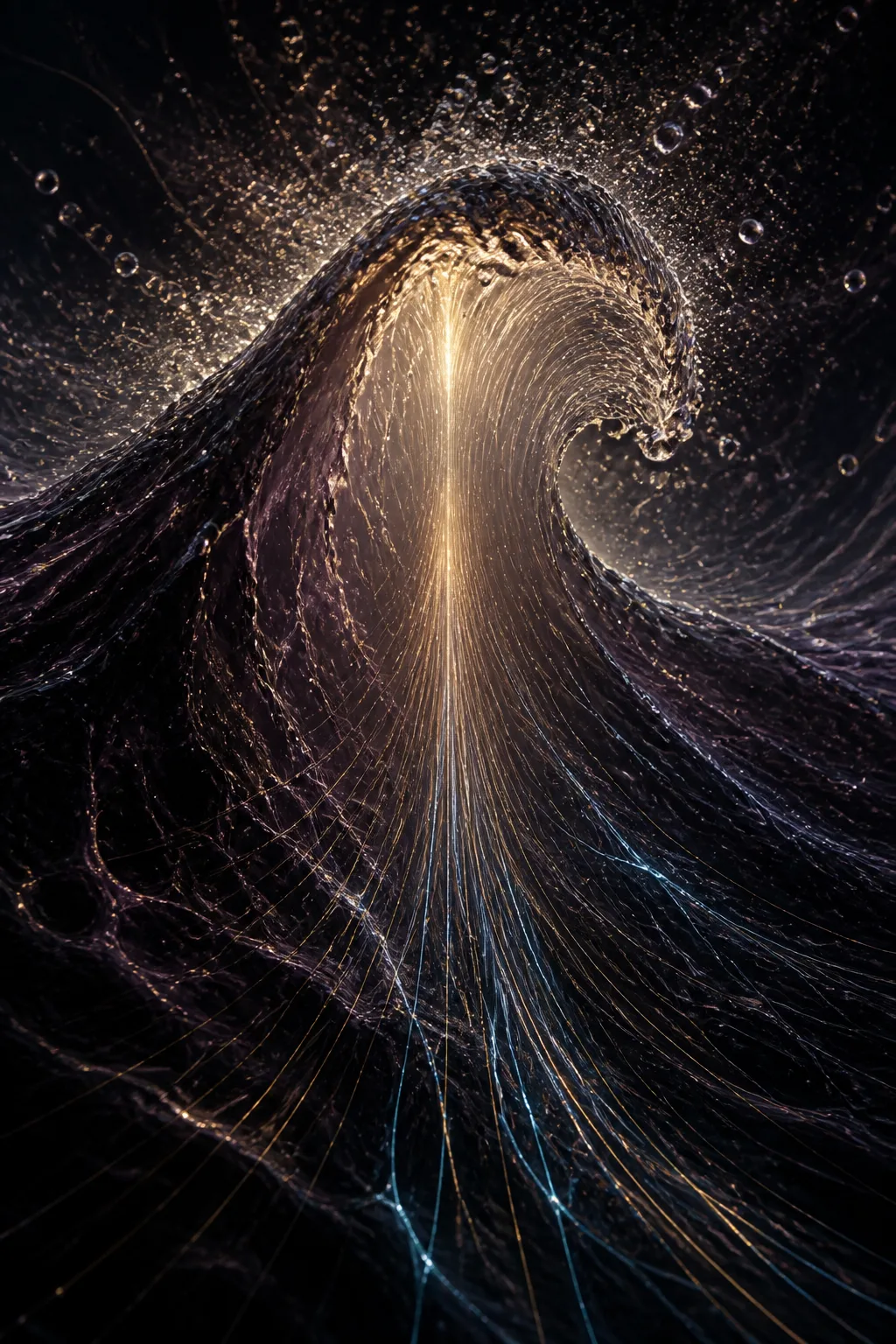 Portrait orientation. An immense dark ocean suspended at the exact instant before a wave breaks — …
