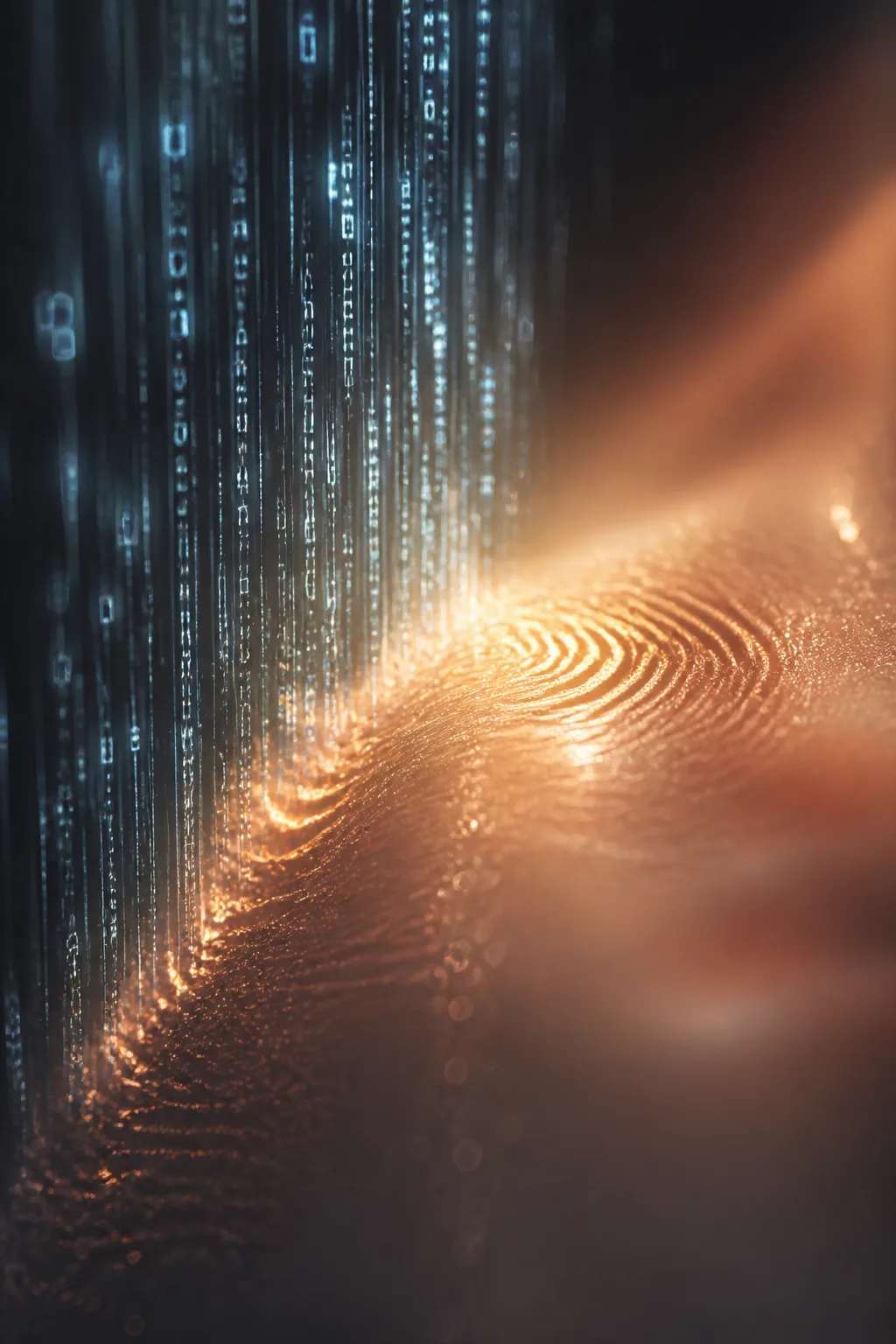 A vast dark field of flowing letterforms and luminous data streams descending like cold rain, rendered …