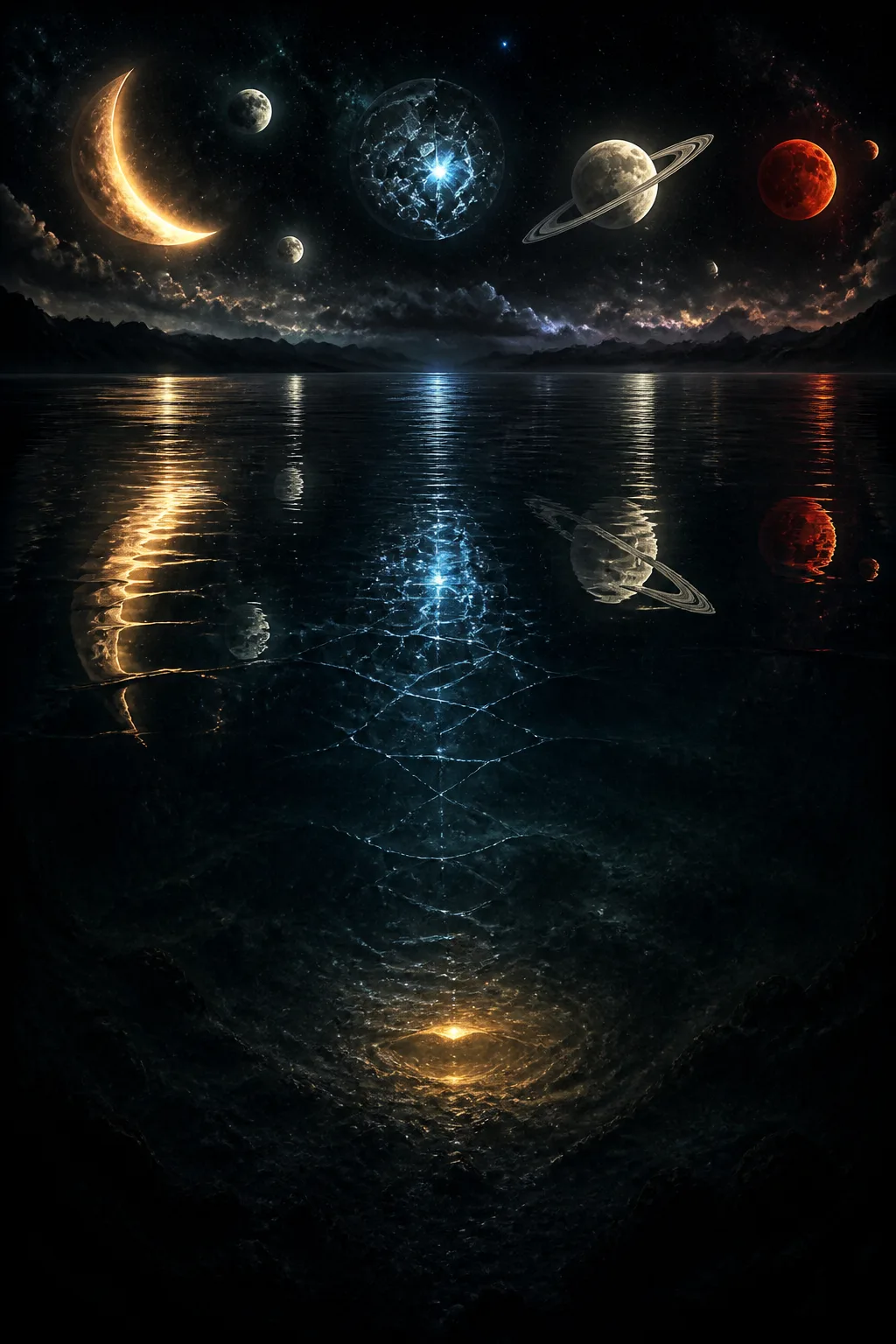A vast obsidian lake stretching to a dark horizon, its glassy surface crowded with the reflections …