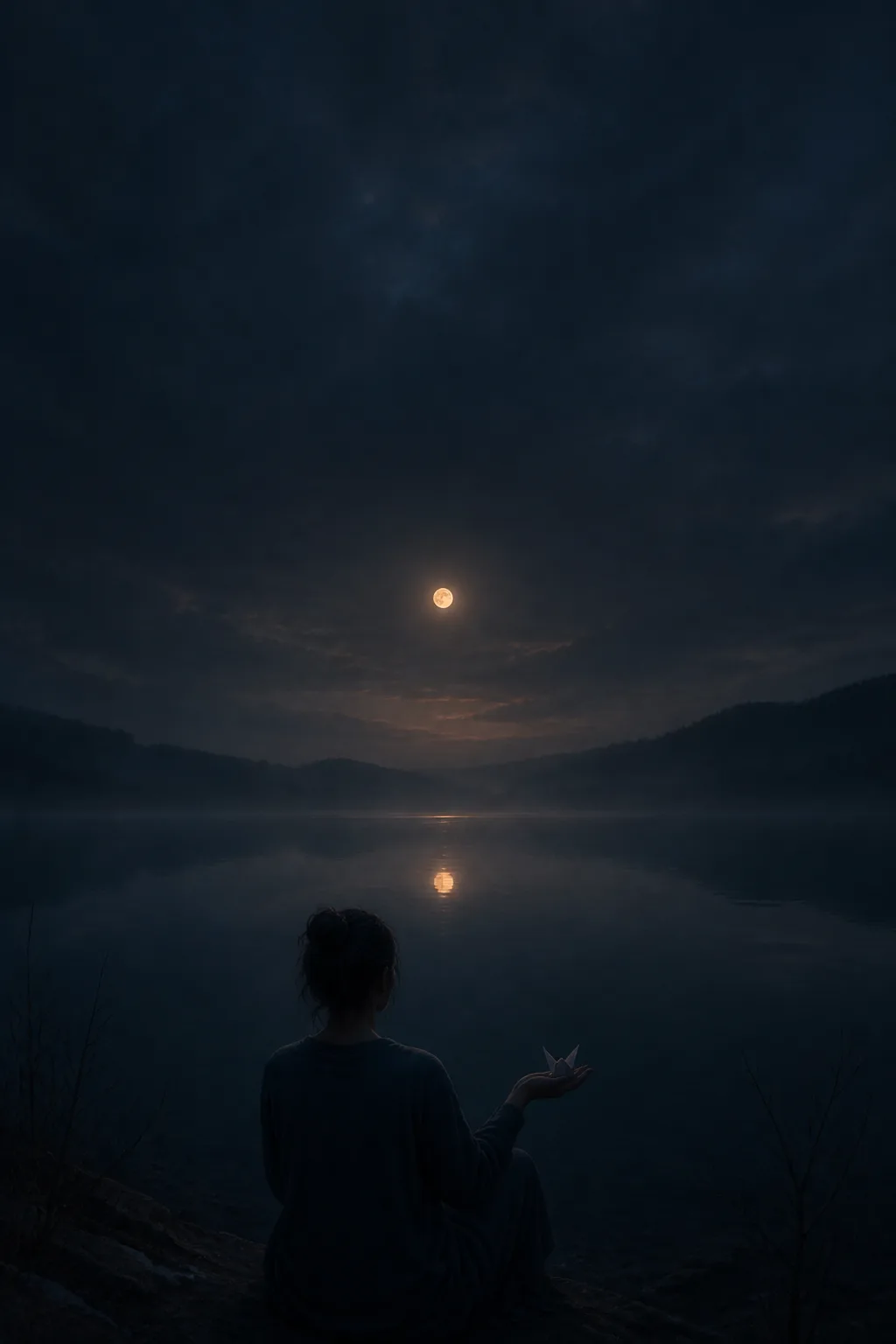 A lone figure seated at the edge of a vast, dark still lake at blue dusk, …