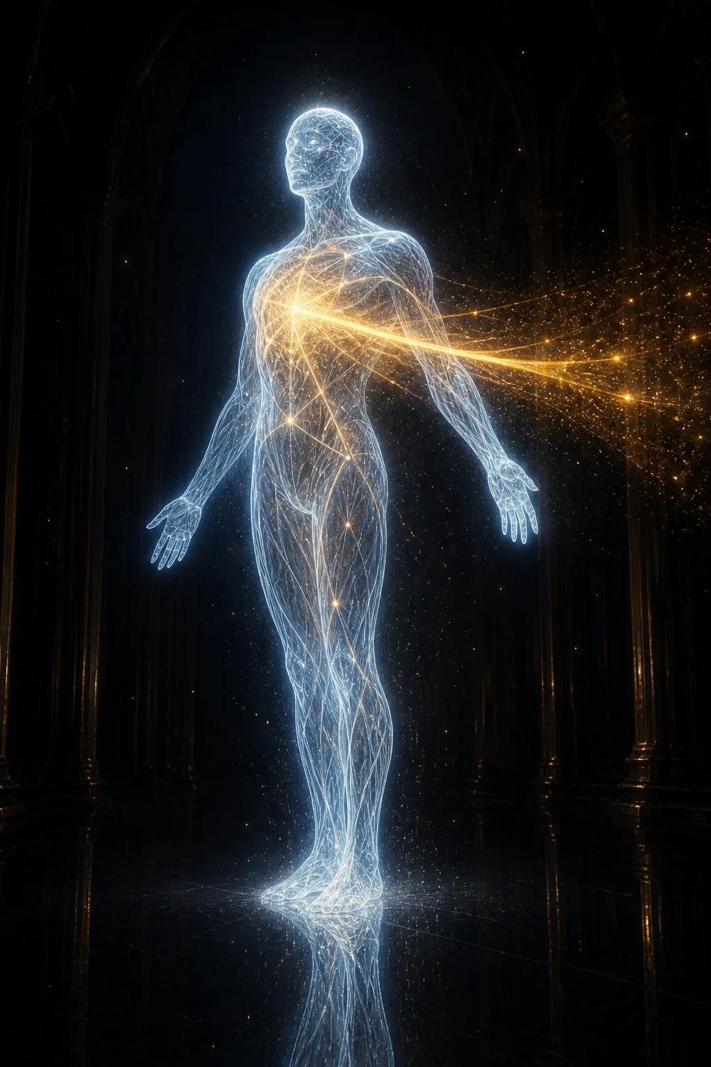 A vast dark interior space, portrait orientation, containing a luminous humanoid figure made entirely of thousands …