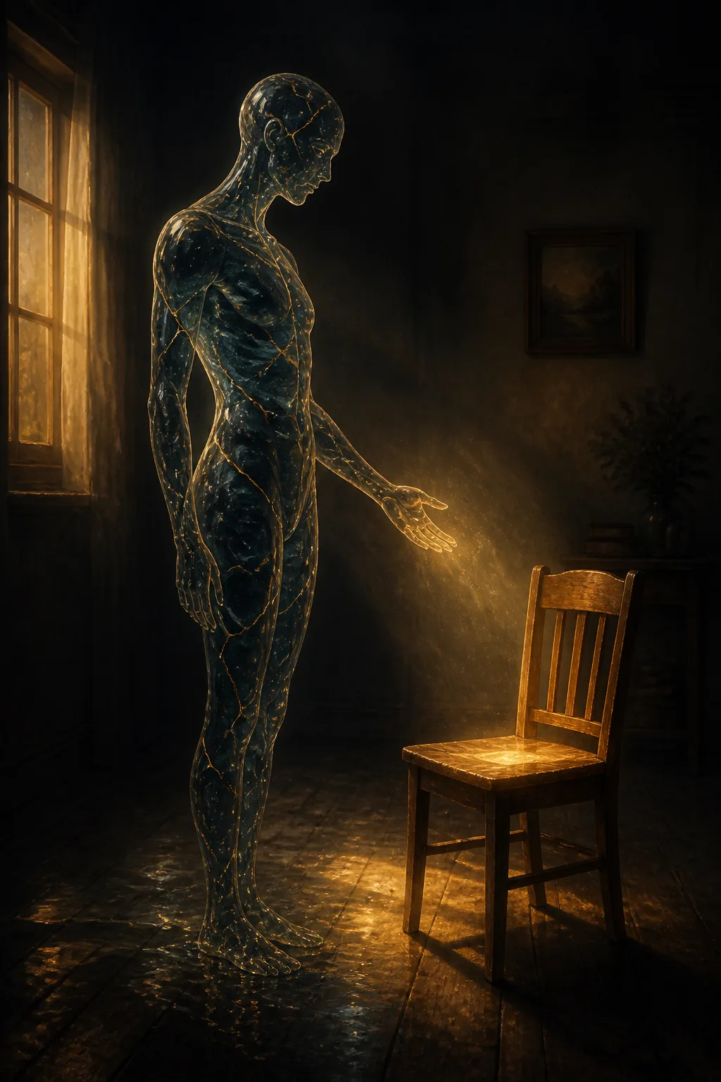 A translucent humanoid figure made entirely of dark, deep ocean water stands in a dim, warmly …
