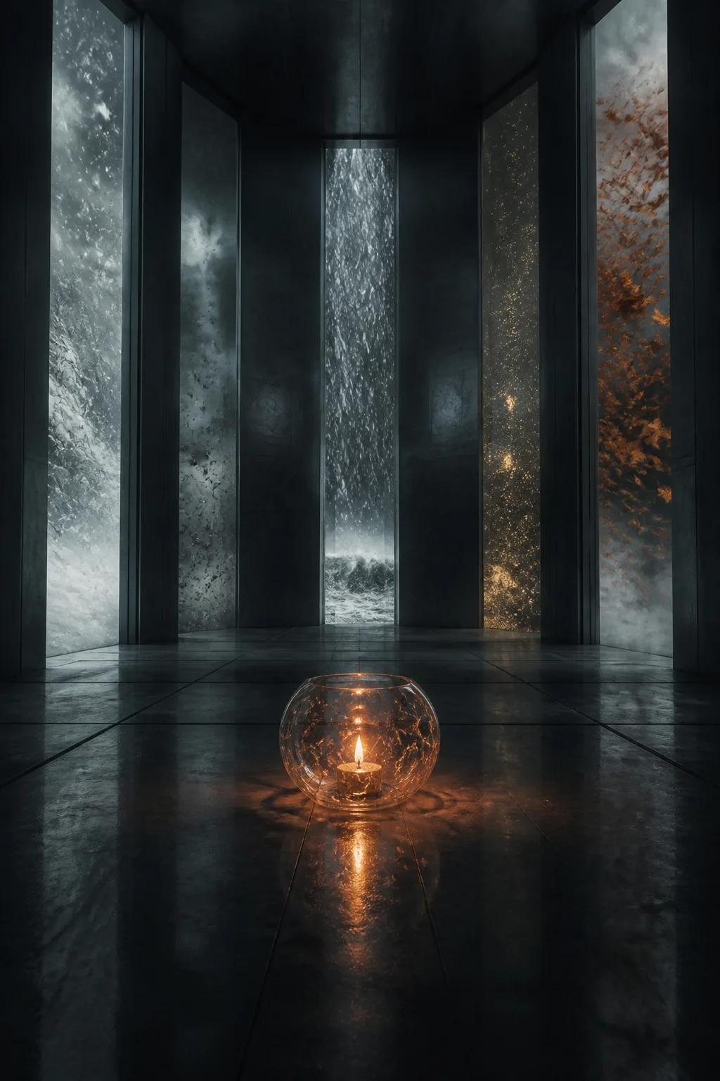 A vast, dim interior space built of smooth dark glass and brushed steel — a room …