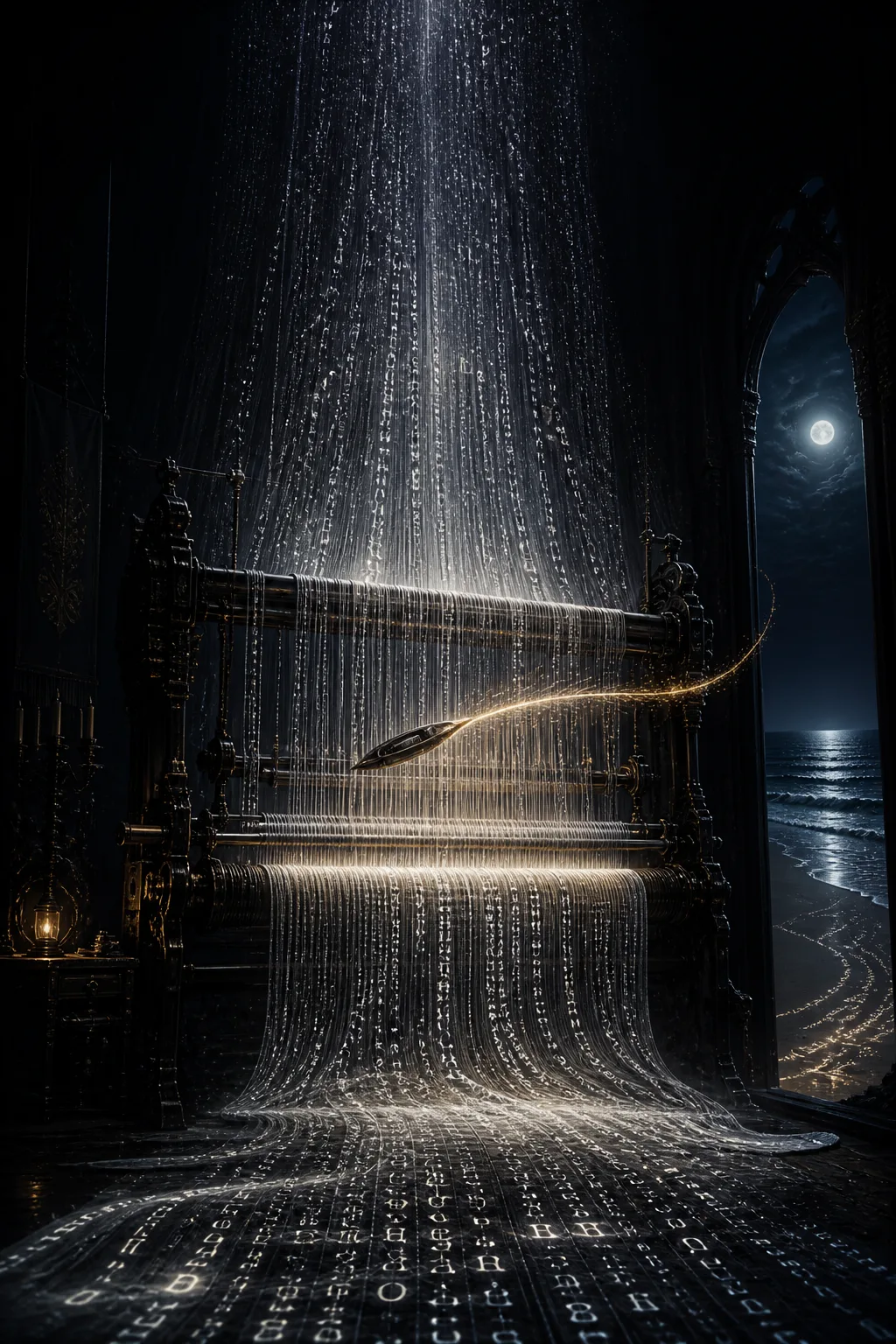 Portrait orientation, towering vertical frame: a cavernous black atelier where an immense spectral loom stands mid-weave, …