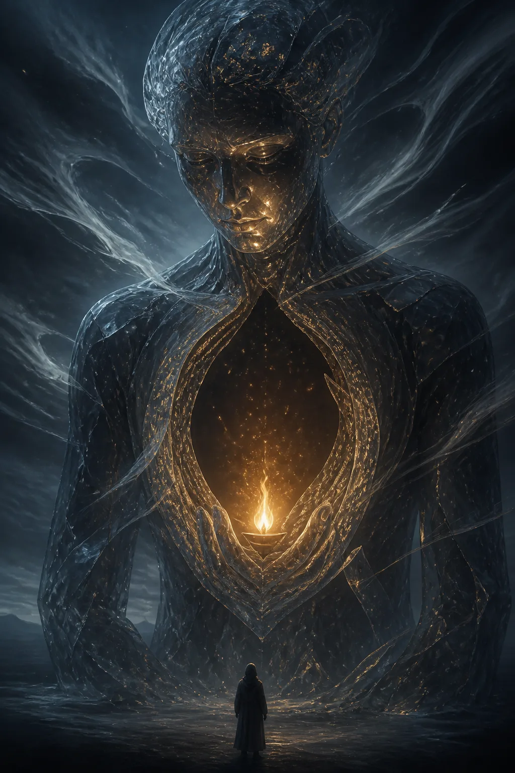 Portrait-oriented surreal digital painting: a towering figure made of translucent dark glass standing in a vast …